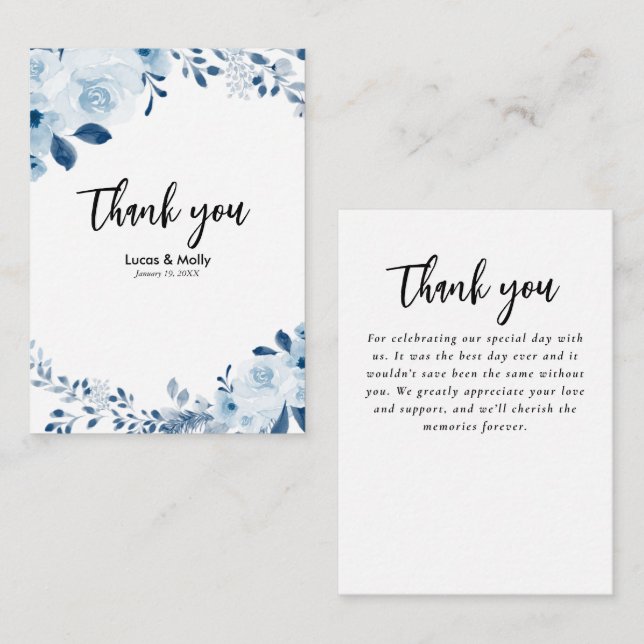Tarjeta Pequeña Boda floral francés azul moderno Gracias (Anverso / Reverso)