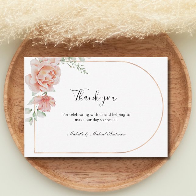 Tarjeta Pequeña Boda formal Peach Floral Classic (Watercolor Peach Floral Rose Gold Arch Wedding Thank you cards)