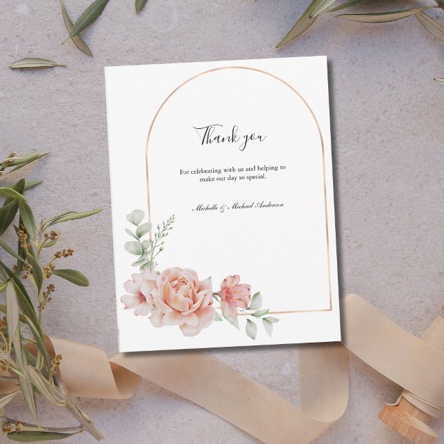 Tarjeta Pequeña Boda formal Peach Floral Classic (Peach Floral Watercolor Wedding Thank you card. Personalized, Rose Gold Arch Greenery)