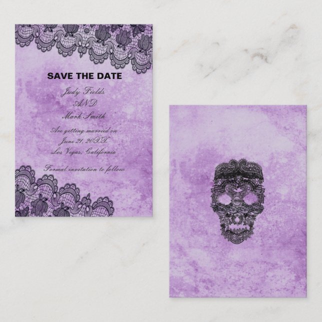 Tarjeta Pequeña Boda Gótica de Encaje Morado Guardar la Fecha (Anverso / Reverso)
