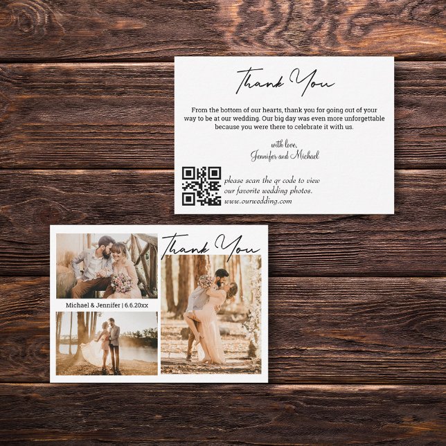 Tarjeta Pequeña boda moderno 3 collage de fotos gracias código qr (Subido por el creador)