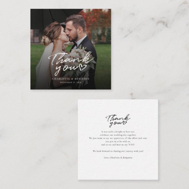 Tarjeta Pequeña Boda moderno con foto manuscrita Gracias (Anverso / Reverso)