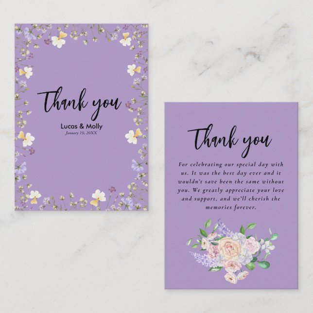 Tarjeta Pequeña Boda Purple Wildflower Summer Floral Gracias (Anverso / Reverso)