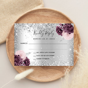 Tarjeta Pequeña Boda purpurina de flores de color burdeos de plata