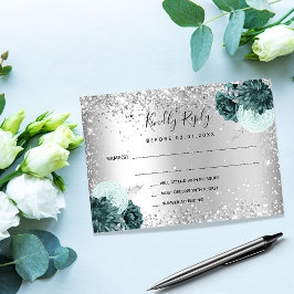 Tarjeta Pequeña Boda purpurina de florines verdes plateados RSVP