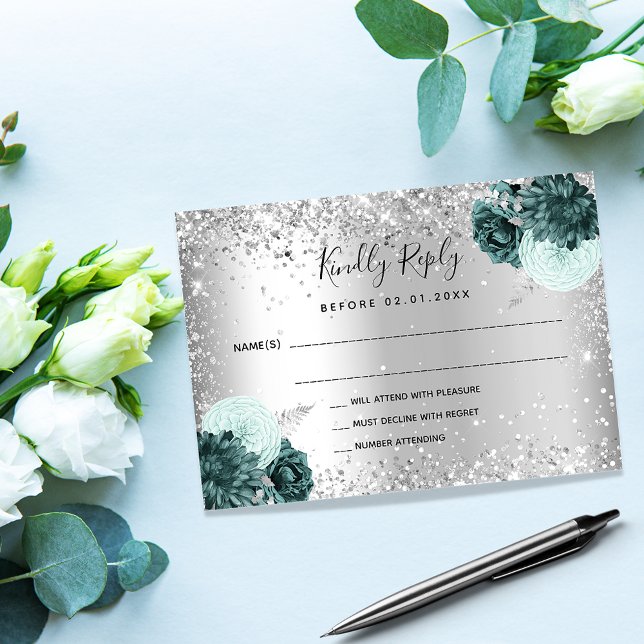 Tarjeta Pequeña Boda purpurina de florines verdes plateados RSVP (Subido por el creador)