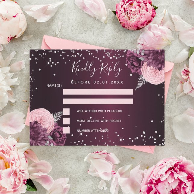 Tarjeta Pequeña Boda purpurina floral de plata de Borgoña RSVP (Subido por el creador)