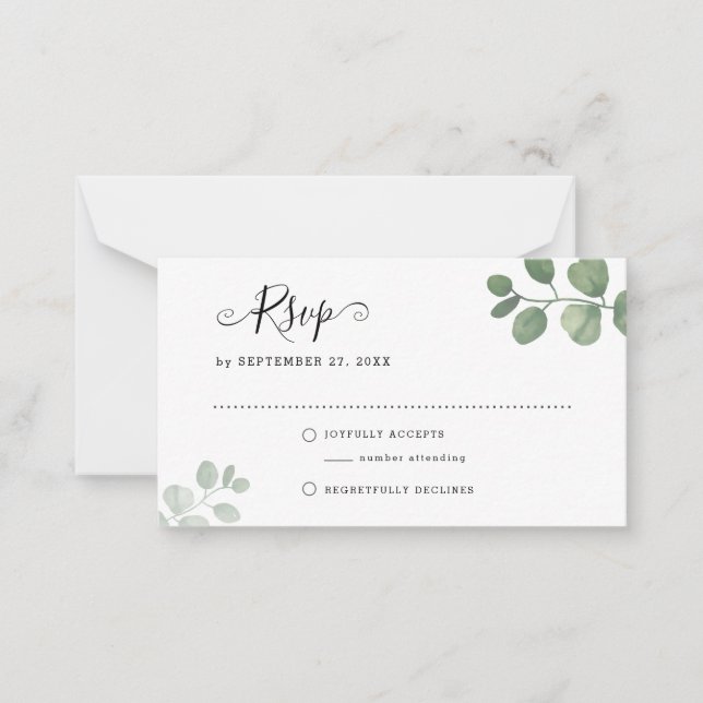 Tarjeta Pequeña BODA RSVP de BUDGET Sage Eucalyptus Greenery (Anverso)