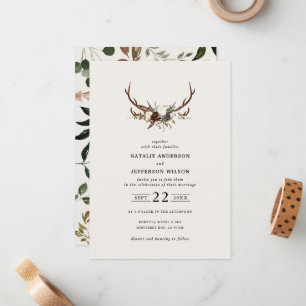 Tarjeta Pequeña Boda Rústica con Cuerno Floral Boho Bosque Granero