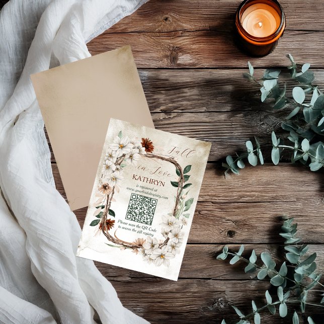 Tarjeta Pequeña Boho Muted Fall Floral Bridal Registry QR Code (Boho Muted Fall Floral and Grapevine Wreath Fall in Love Bridal Shower QR Code Registry Insert Card)
