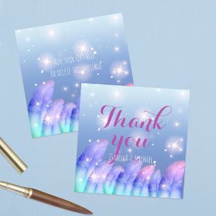 Tarjeta Pequeña Boho Purple Pink Feathers Esparkles Gracias