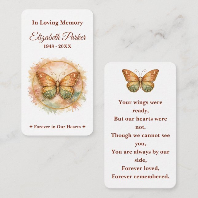 Tarjeta Pequeña Boho Watercolor Butterfly Memorial Prayer Card (Anverso / Reverso)