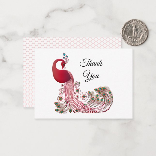 Tarjeta Pequeña Bonito Peacock Rojo Gracias Cartas (Anverso/Reverso In Situ)