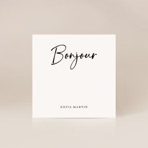 Tarjeta Pequeña Bonjour Guión francés elegante en blanco y negro