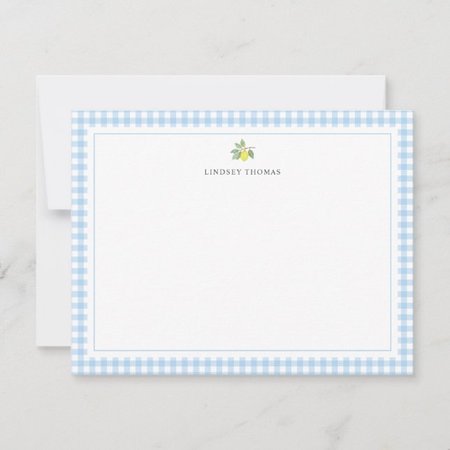 Tarjeta Pequeña Borde de Gingham Azul Limón Personalizado (Anverso)