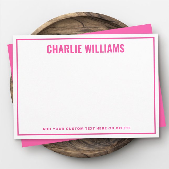 Tarjeta Pequeña Borde moderno de nombres rosa brillante en blanco (Modern bright pink name border blank note card)