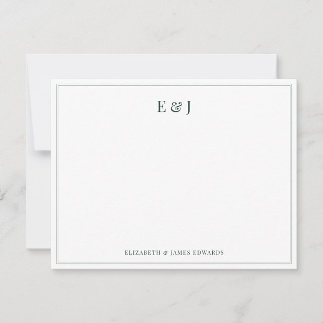Tarjeta Pequeña Borde Verde Esmeralda Elegantes Iniciales de Parej (Anverso)