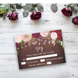 Tarjeta Pequeña Borgoña Mason Jar Wood Budget Luz Flor RSVP
