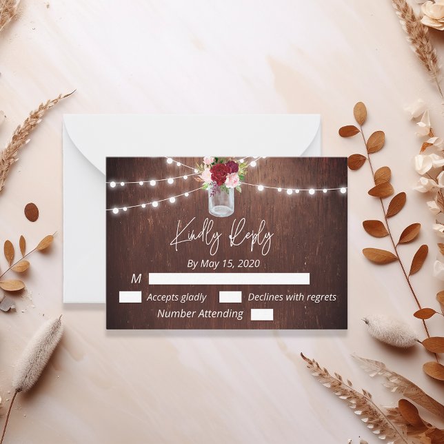 Tarjeta Pequeña Borgoña Mason Jar Wood Budget Luz Flor RSVP (Subido por el creador)