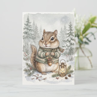 Tarjeta Pequeña Bosque Invernal Vintage Ardilla Silvestre Forestal