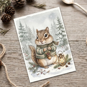 Tarjeta Pequeña Bosque Invernal Vintage Ardilla Silvestre Forestal