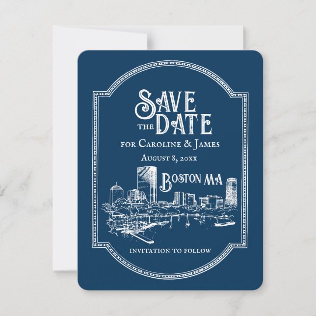 Tarjeta Pequeña Boston Blue Personalized Save the Date (Anverso)