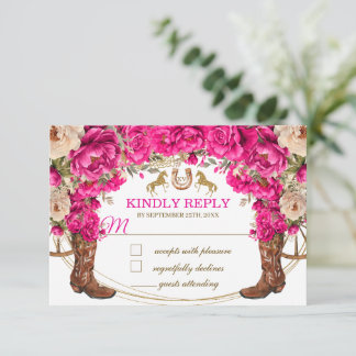 Tarjeta Pequeña Botas de vaquero de oro rosa fucsia Quinceañera RS