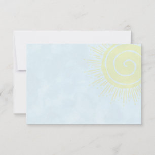 Tarjeta Pequeña Brillante sol amarillo en cielo azul en blanco