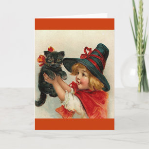 Tarjeta Pequeña Bruja de Halloween de época con gato negro