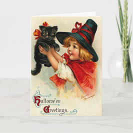 Tarjeta Pequeña bruja del vintage de encargo y gato negro