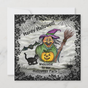 Tarjeta Pequeña Bruja, Gato, Murciélago y Calabaza, ¡Feliz Hallowe
