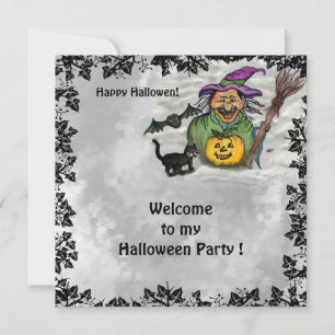 Tarjeta Pequeña Bruja, Gato, Murciélago y Calabaza, ¡Feliz Hallowe