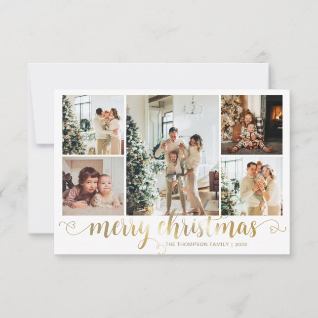 Tarjeta Pequeña BUDGET Gold Merry Christmas Heart Script 5 Photo (Anverso)