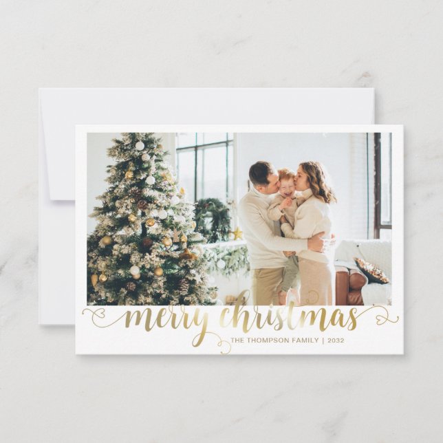Tarjeta Pequeña BUDGET Gold Merry Christmas Heart Script Foto (Anverso)