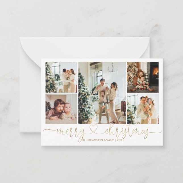 Tarjeta Pequeña BUDGET Heart Script Gold Merry Christmas 5 Photo (Anverso)
