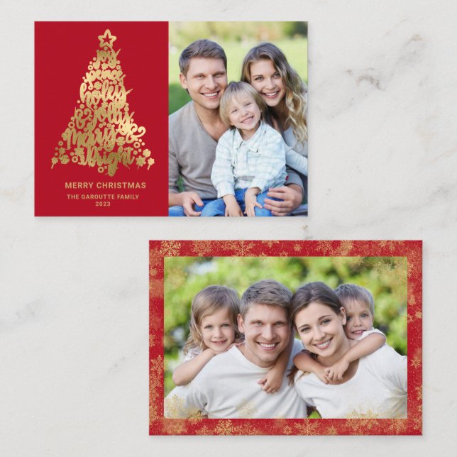 Tarjeta Pequeña Budget Merry Christmas Red 2 Photo Gold (Anverso / Reverso)