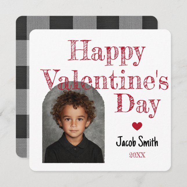 Tarjeta Pequeña Buffalo Plaid Photo Valentine Kids Classroom (Anverso / Reverso)