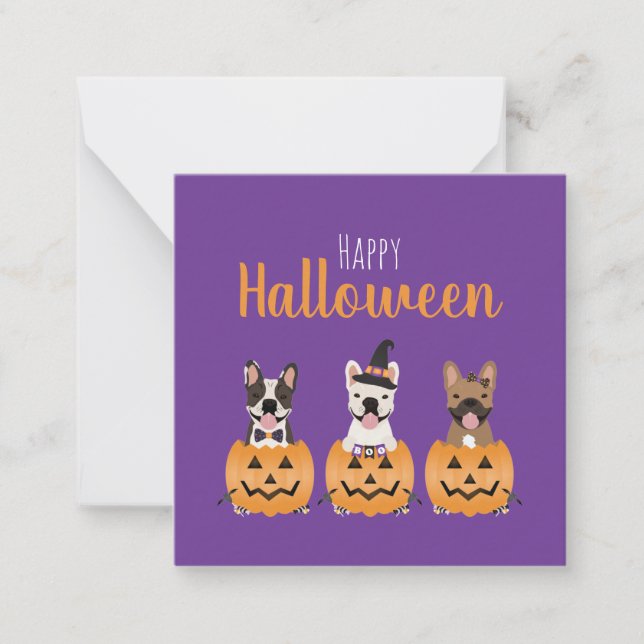 Tarjeta Pequeña Bulldoges franceses: feliz Rótulo de Halloween (Anverso)