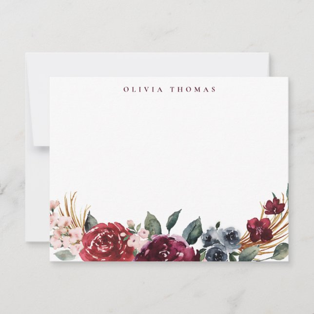 Tarjeta Pequeña Burgundy boho floral personalizada Stationery (Anverso)