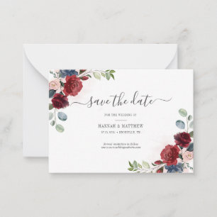 Tarjeta Pequeña Burgundy Floral Watercolor Rubor Guardar La Fecha