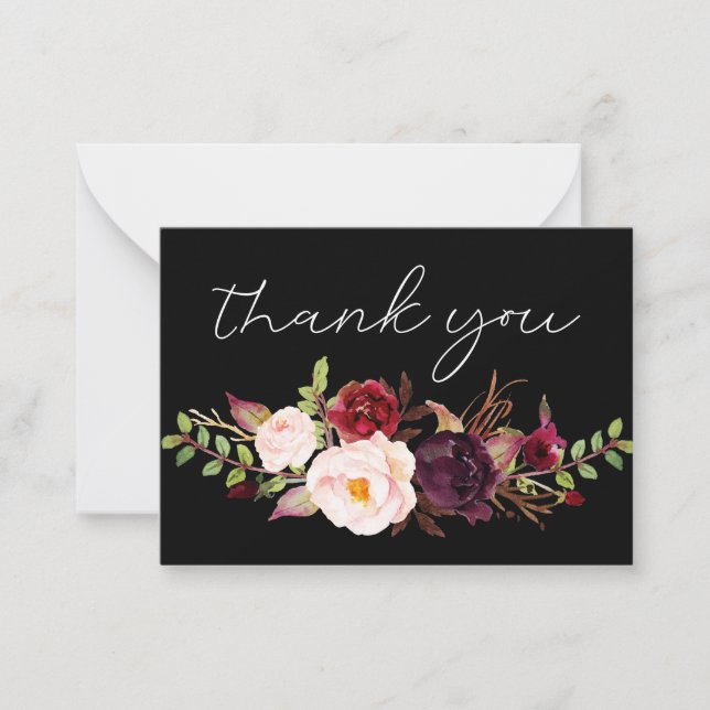 Tarjeta Pequeña Burgundy Marsala Floral Black Small Gracias (Anverso)