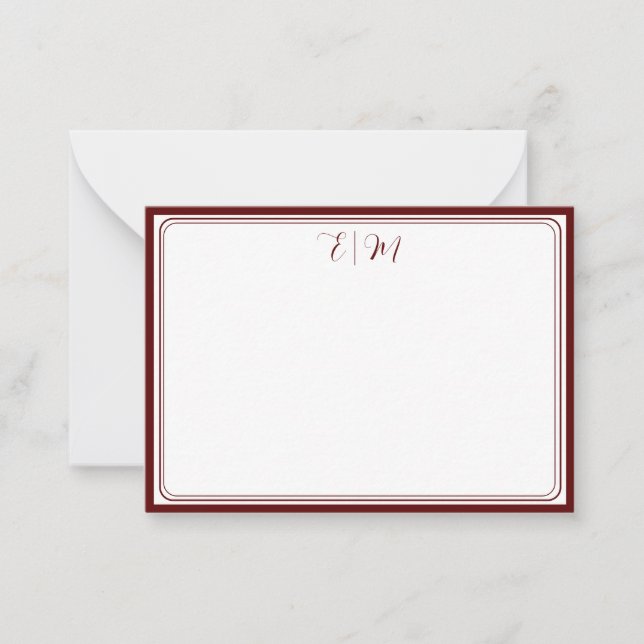 Tarjeta Pequeña Burgundy three Border Monogram Note Card (Anverso)