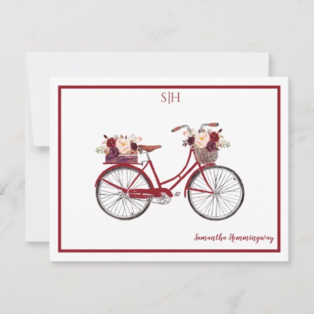 Tarjeta Pequeña Burgundy Watercolor Floral Bicicleta Monograma (Anverso)