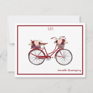 Tarjeta Pequeña Burgundy Watercolor Floral Bicicleta Monograma