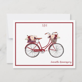 Tarjeta Pequeña Burgundy Watercolor Floral Bicicleta Monograma