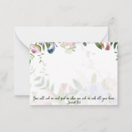 Tarjeta Pequeña Buscadme con todo su corazón, floral rosa y azul 