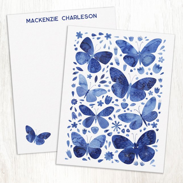 Tarjeta Pequeña Butterfly Watercolor Blue Personalized (Watercolor butterfly pattern blue and white personalized custom name or text notecards)
