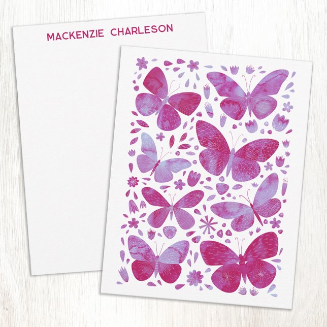 Tarjeta Pequeña Butterfly Watercolor Pink Personalized (Magenta pink and white watercolor butterfly art personalized name or text notecards)