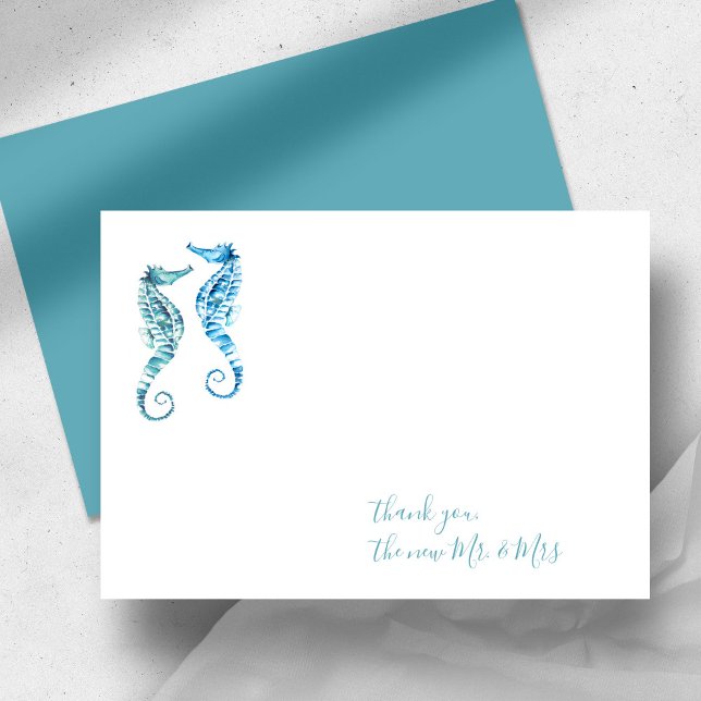 Tarjeta Pequeña Caballo marino acuarela Gracias Stationery (Beach wedding thank you cards watercolor seahorse art by Victoria Grigaliunas of Do Tell A Belle)