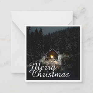 Tarjeta Pequeña Cabaña Mística de Navidad Bosques Profundos